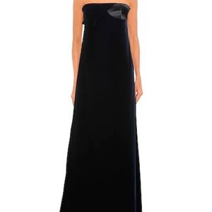 Lanvin Strapless Navy Blue Velvet Dress With Silk Detail On Top Size 36